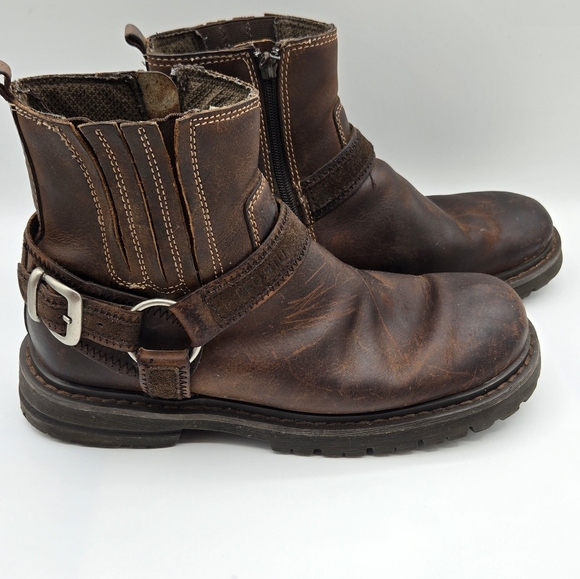 Bed Stu | Men's Brown Distressed Harness Buckle Zip Up Leather Ankle Biker Boots - Picture 2 of 12